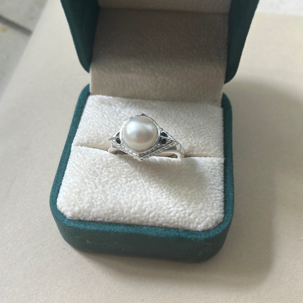 Sterling silver, pearl and sapphire ring